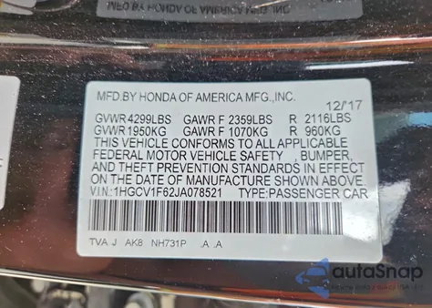 2018 Honda Accord Exl z USA, uszkodzony, nr VIN 1HGCV1F62JA078521